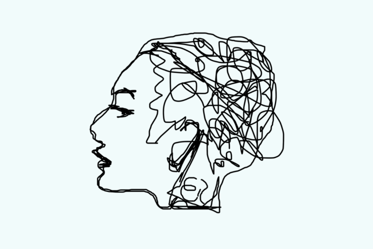 Abstract picture of a woman with brain made up of squiggly lines